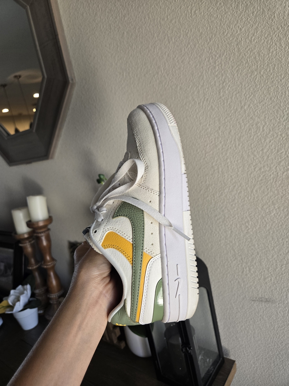 Nike Air Force 1 Cream/White Low-Top Sneakers with Green & Yellow Accents - Picture 6 of 8